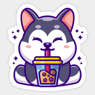 Cute husky drinking boba milk tea cartoon Sticker